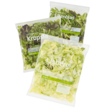 Eikenbladsla,
krulslamelange, kropsla
mix zak à 100 gram
of ijsbergsla
zak à 200 gram